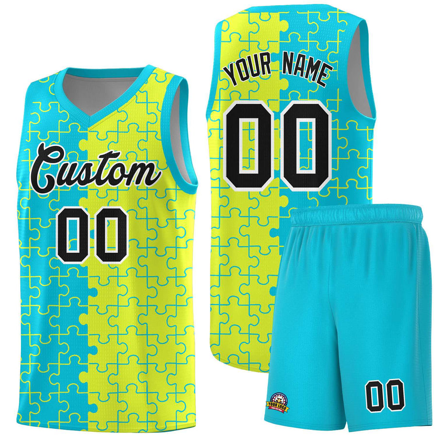 Custom Sky Blue Fluorescent Green Splid Basketball Kits With Puzzle Pattern | BuyFootballJersey
