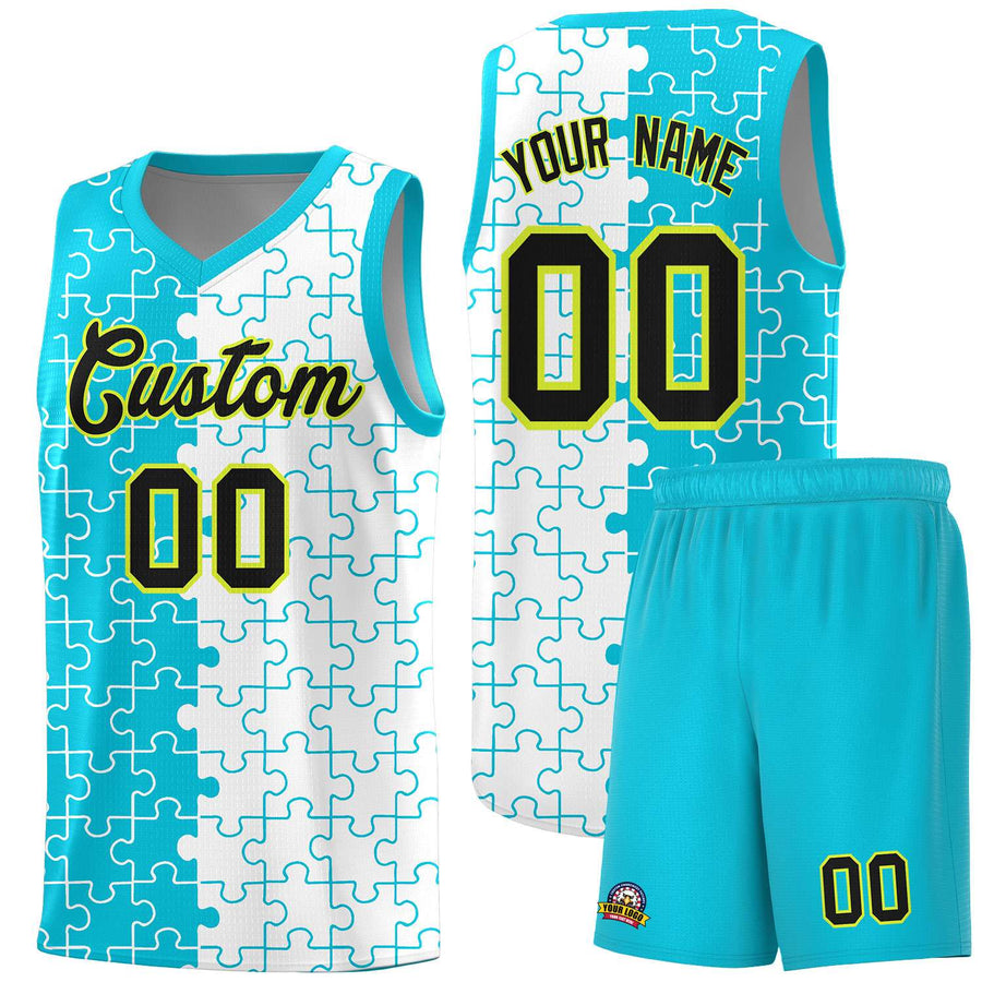 Custom Sky Blue White Splid Basketball Kits With Puzzle Pattern | BuyFootballJersey