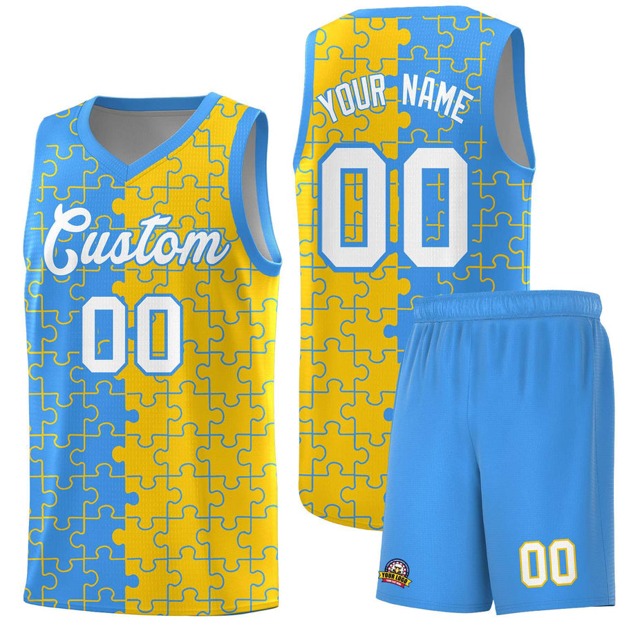 Custom Light Blue Gold Splid Basketball Kits With Puzzle Pattern | BuyFootballJersey