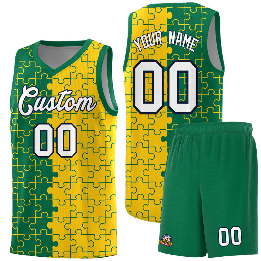 Custom Kelly Green Gold Splid Basketball Kits With Puzzle Pattern | BuyFootballJersey