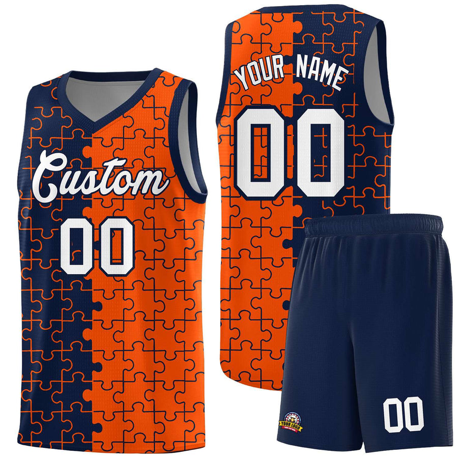 Custom Navy Orange Splid Basketball Kits With Puzzle Pattern | BuyFootballJersey