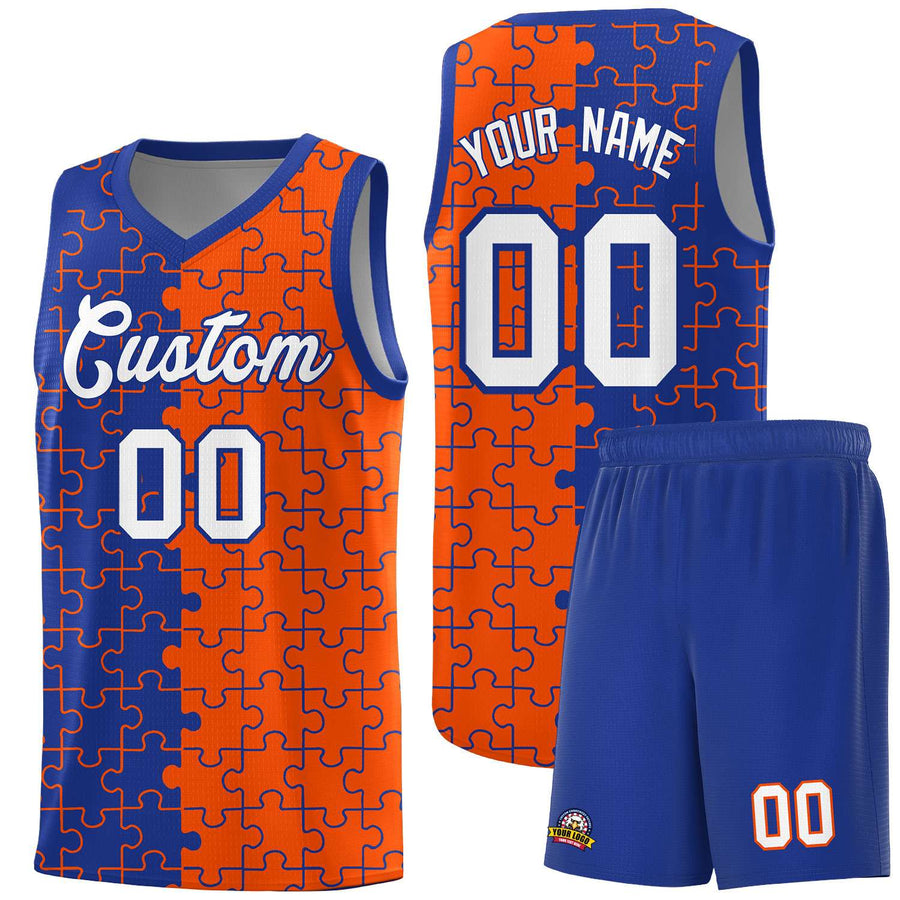Custom Royal Orange Splid Basketball Kits With Puzzle Pattern | BuyFootballJersey