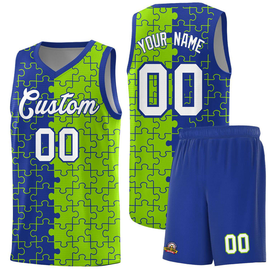 Custom Royal Neon Green Splid Basketball Kits With Puzzle Pattern | BuyFootballJersey