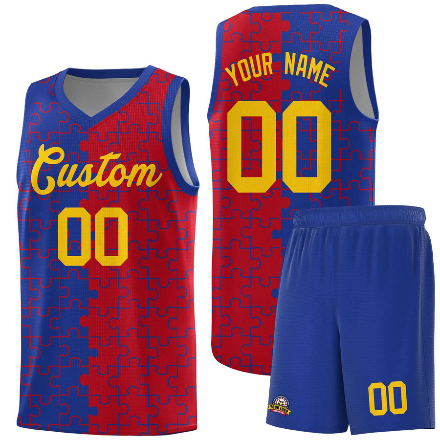 Custom Royal Red Splid Basketball Kits With Puzzle Pattern | BuyFootballJersey