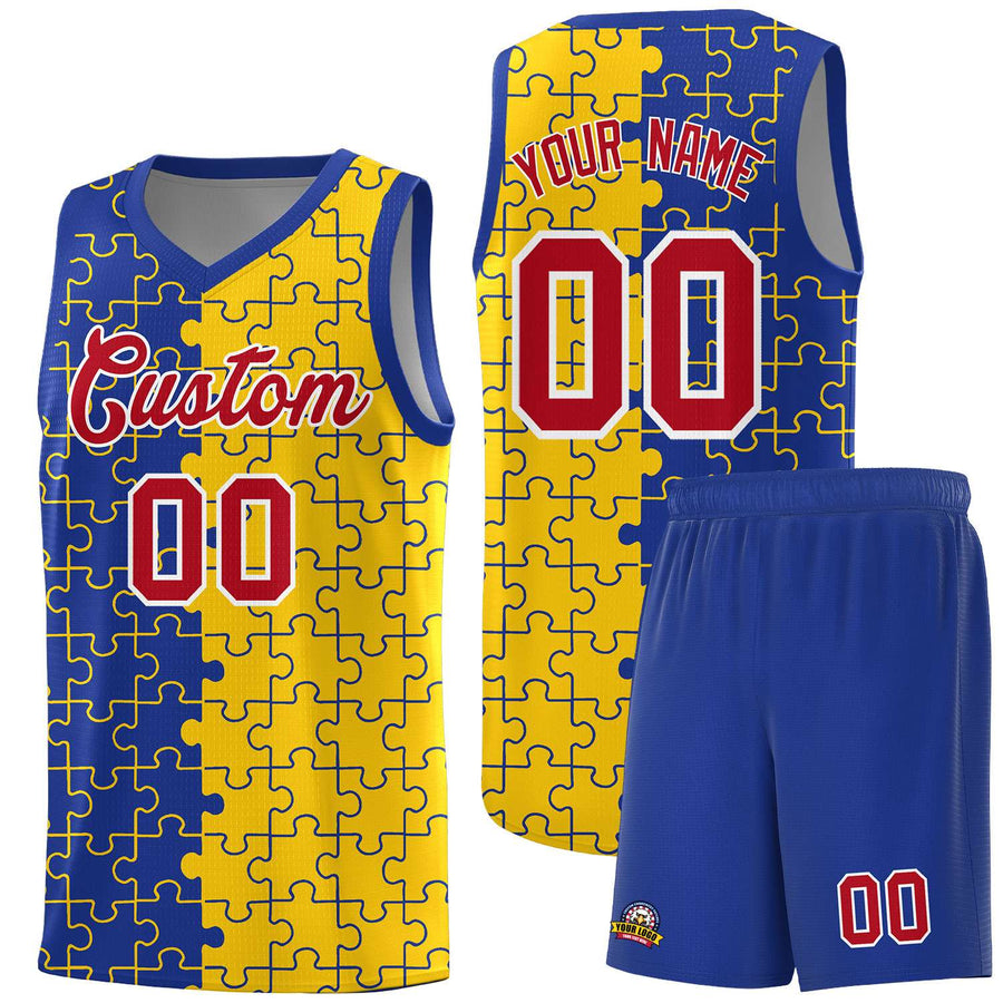Custom Royal Gold Splid Basketball Kits With Puzzle Pattern | BuyFootballJersey