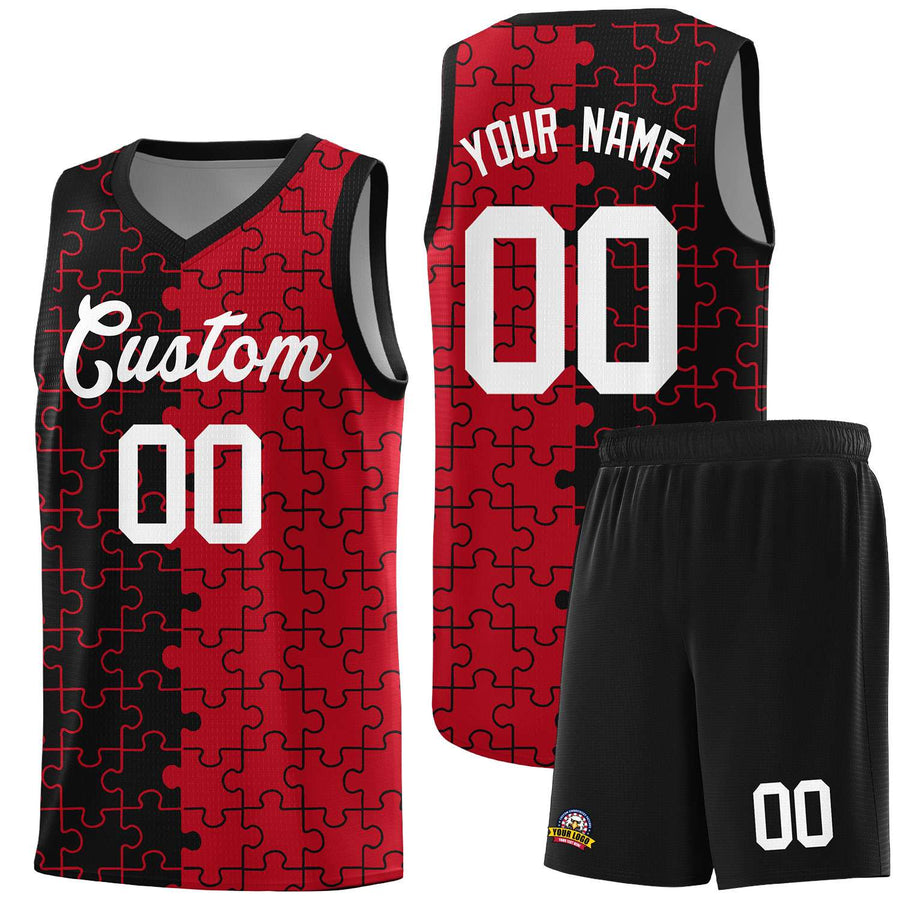 Custom Black Red Splid Basketball Kits With Puzzle Pattern | BuyFootballJersey