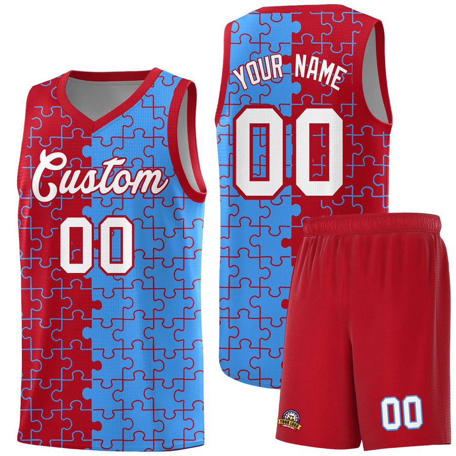 Custom Red Light Blue Splid Basketball Kits With Puzzle Pattern | BuyFootballJersey