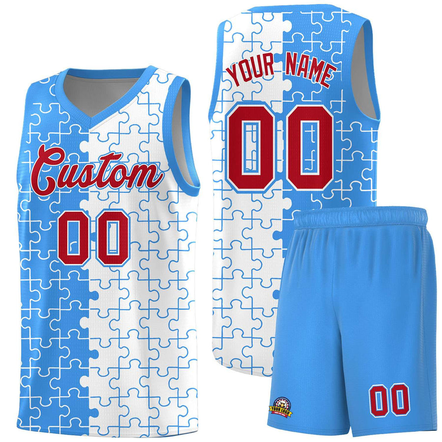 Custom Light Blue White Splid Basketball Kits With Puzzle Pattern | BuyFootballJersey