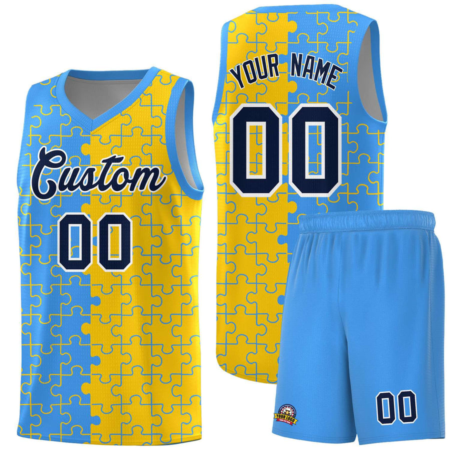 Custom Light Blue Gold Splid Basketball Kits With Puzzle Pattern | BuyFootballJersey