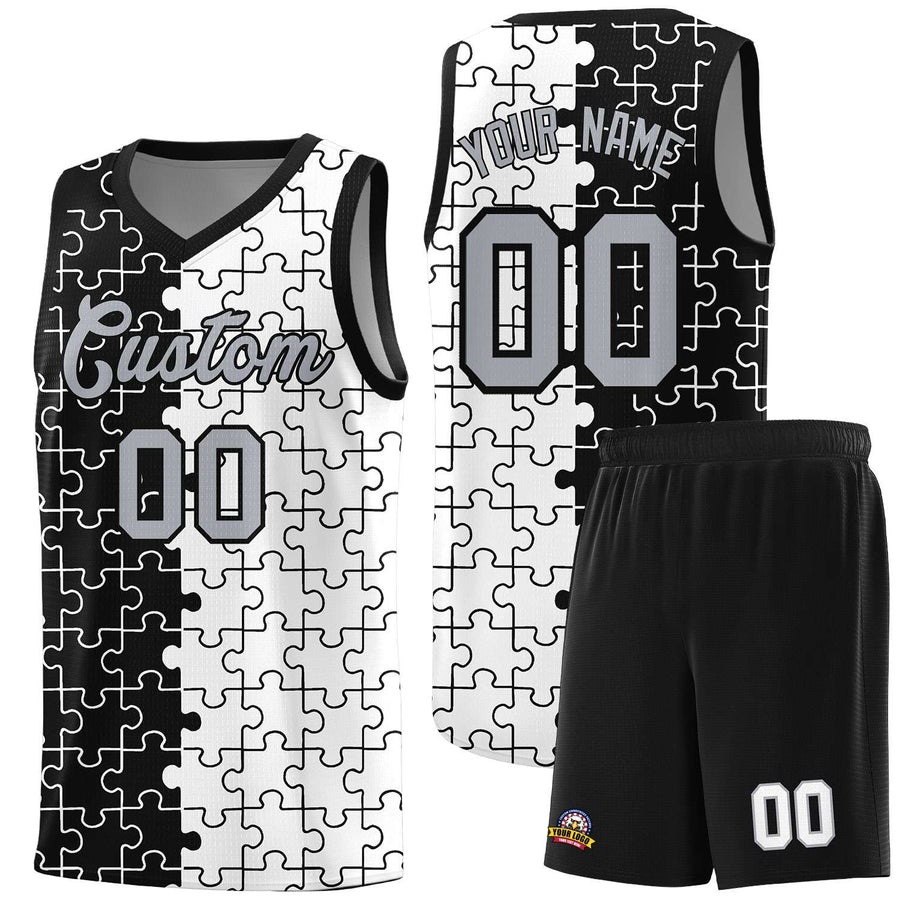 Custom Black White Splid Basketball Kits With Puzzle Pattern | BuyFootballJersey
