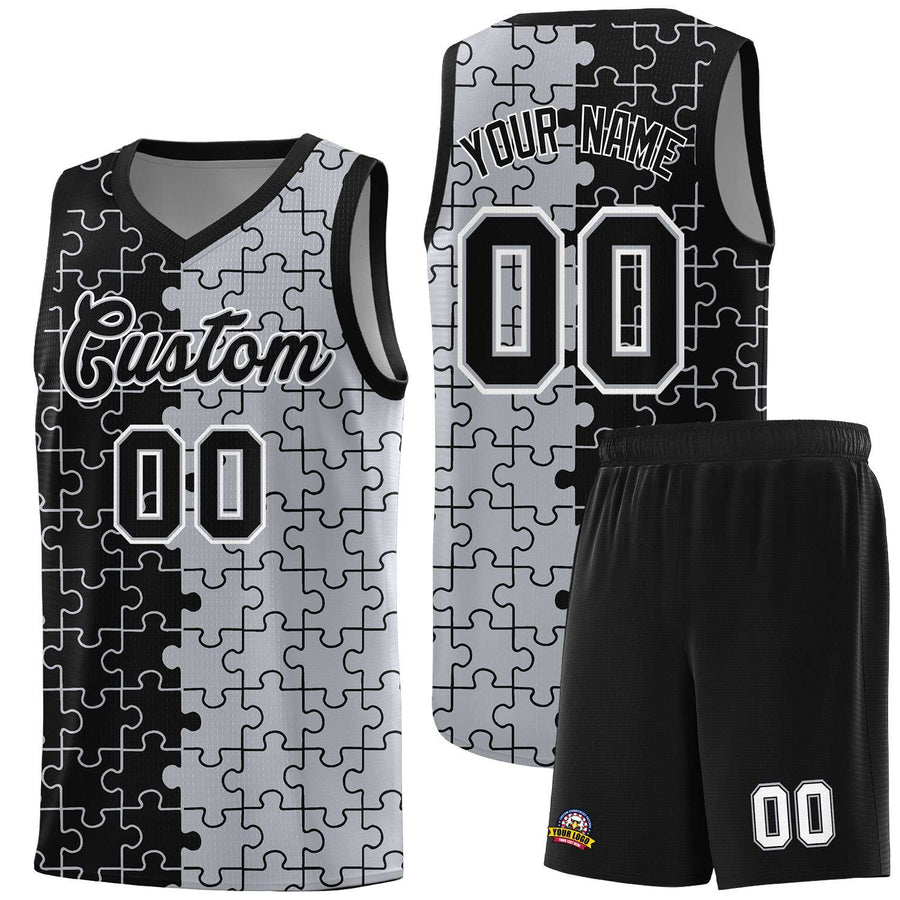 Custom Black Gray Splid Basketball Kits With Puzzle Pattern | BuyFootballJersey