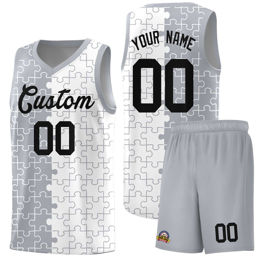 Custom Gray White Splid Basketball Kits With Puzzle Pattern | BuyFootballJersey