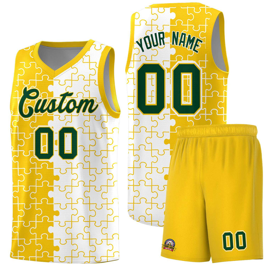 Custom Gold White Splid Basketball Kits With Puzzle Pattern | BuyFootballJersey