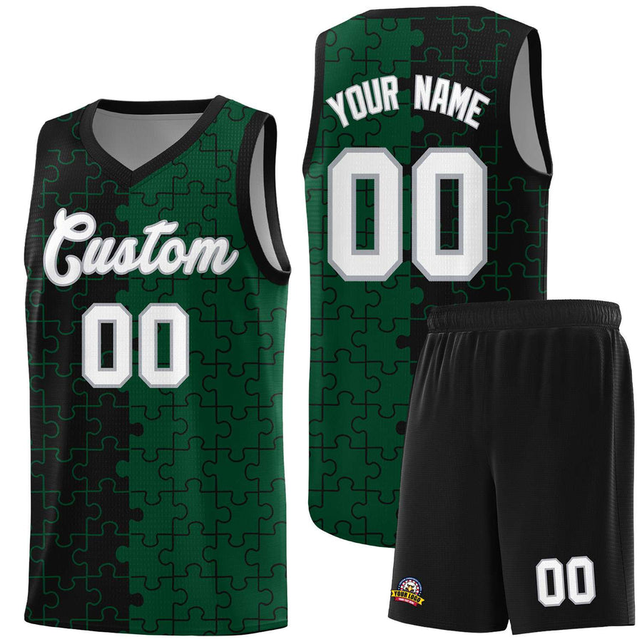 Custom Black Green Splid Basketball Kits With Puzzle Pattern | BuyFootballJersey