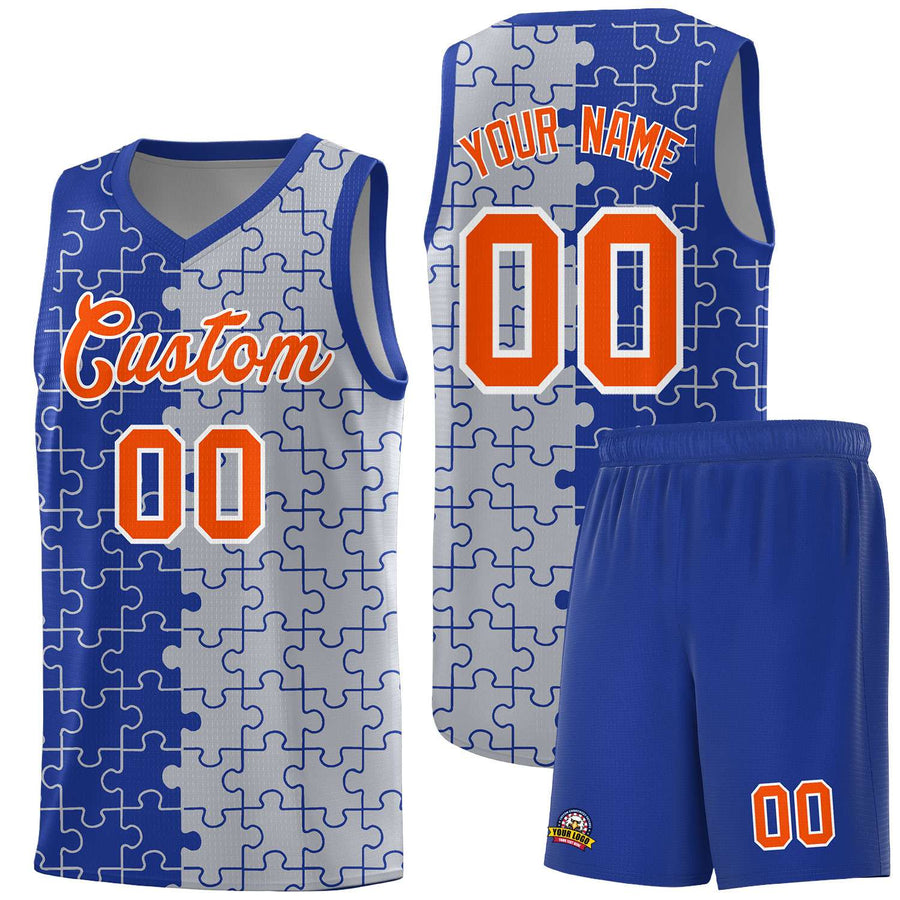 Custom Royal Gray Splid Basketball Kits With Puzzle Pattern | BuyFootballJersey