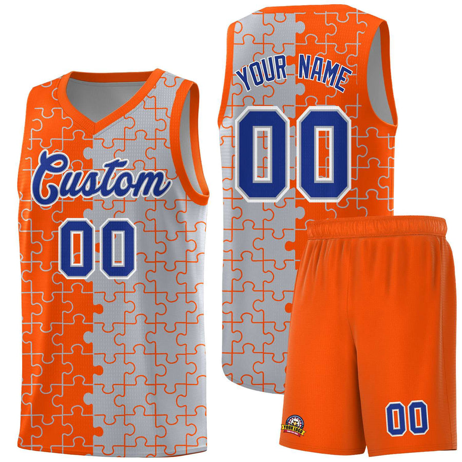 Custom Orange Gray Splid Basketball Kits With Puzzle Pattern | BuyFootballJersey