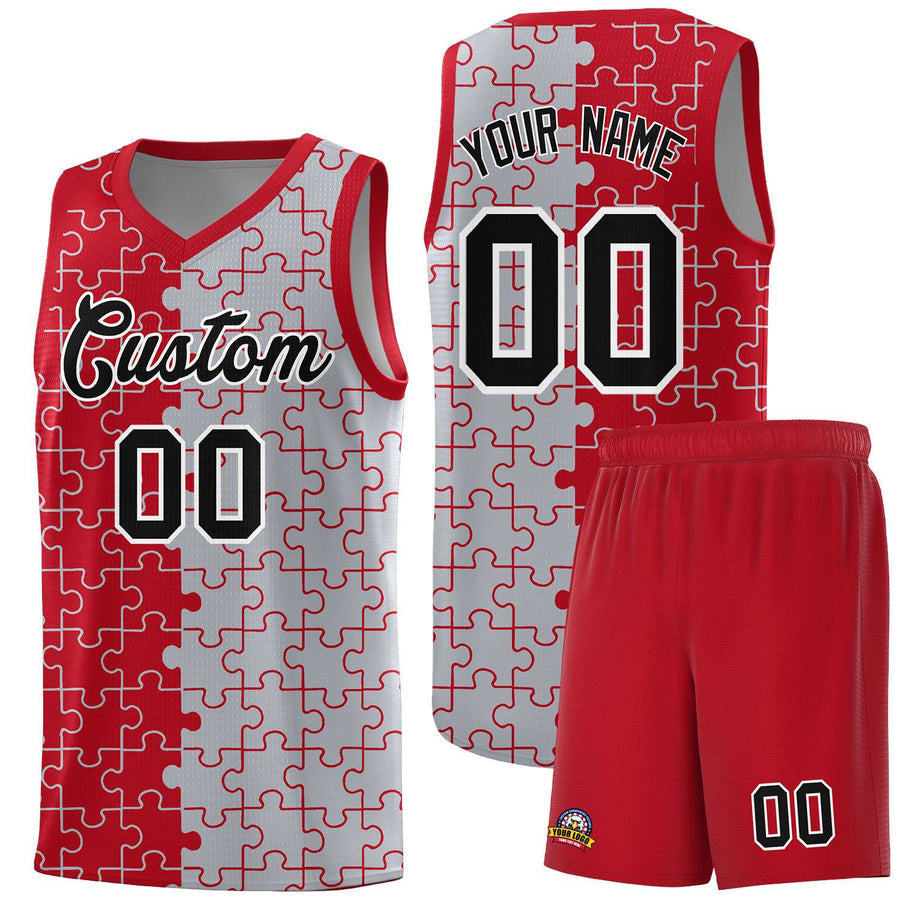 Custom Red Gray Splid Basketball Kits With Puzzle Pattern | BuyFootballJersey