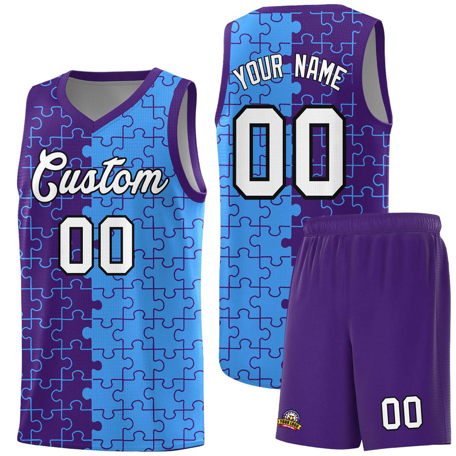 Custom Purple Light Blue Splid Basketball Kits With Puzzle Pattern | BuyFootballJersey