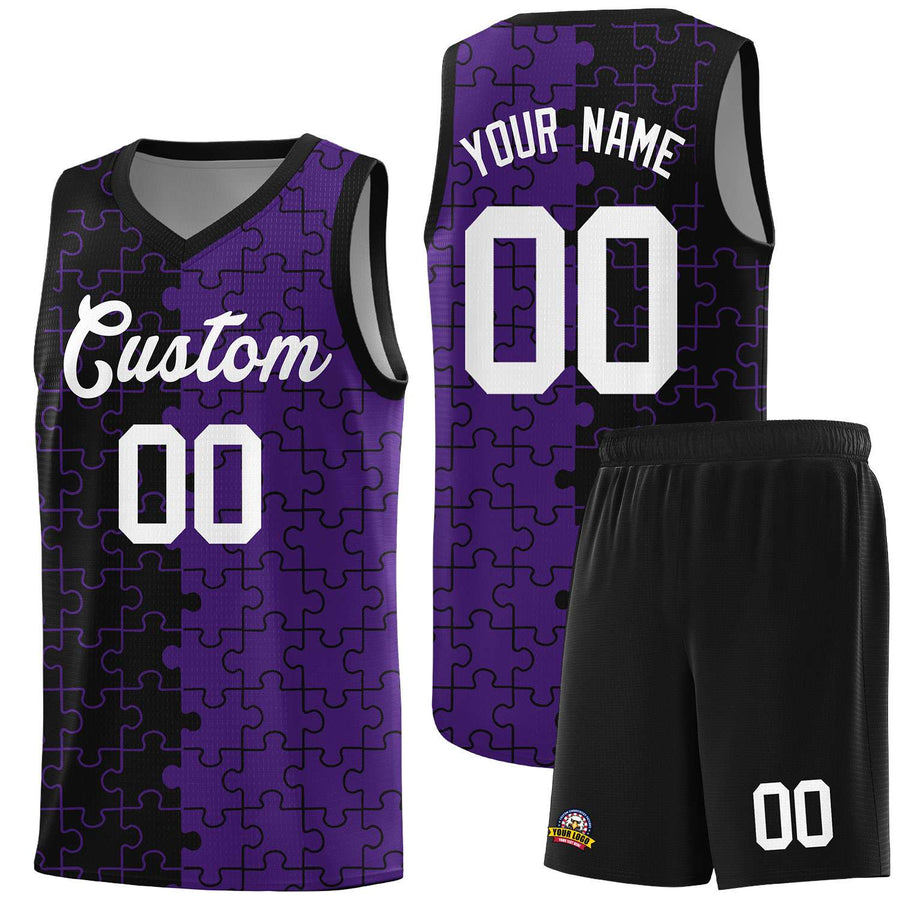 Custom Black Purple Splid Basketball Kits With Puzzle Pattern | BuyFootballJersey