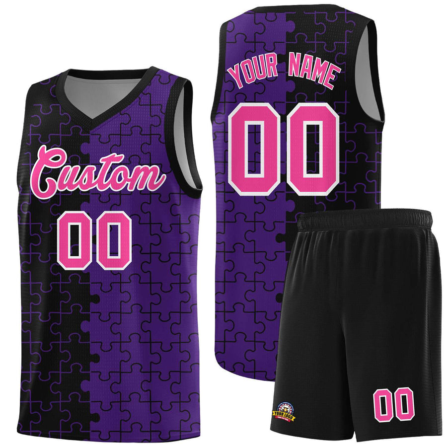 Custom Black Purple Splid Basketball Kits With Puzzle Pattern | BuyFootballJersey