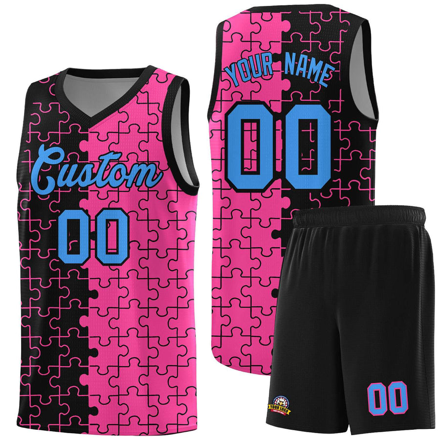 Custom Black Pink Splid Basketball Kits With Puzzle Pattern | BuyFootballJersey