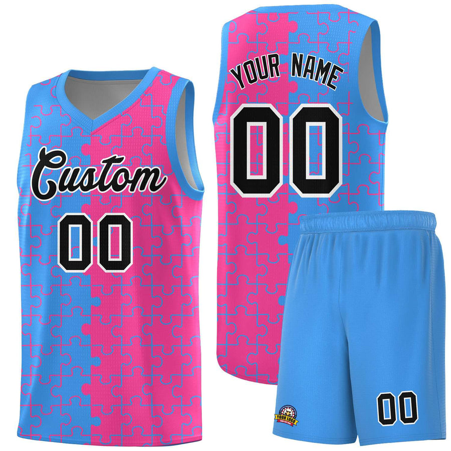 Custom Light Blue Pink Splid Basketball Kits With Puzzle Pattern | BuyFootballJersey