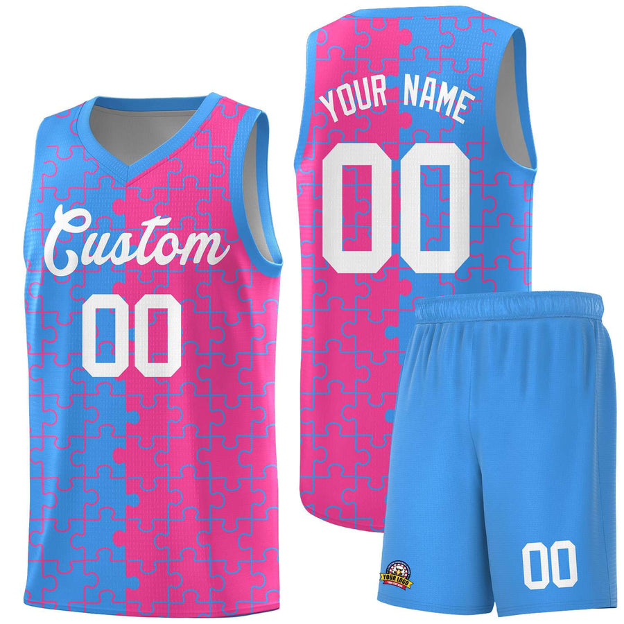 Custom Light Blue Pink Splid Basketball Kits With Puzzle Pattern | BuyFootballJersey