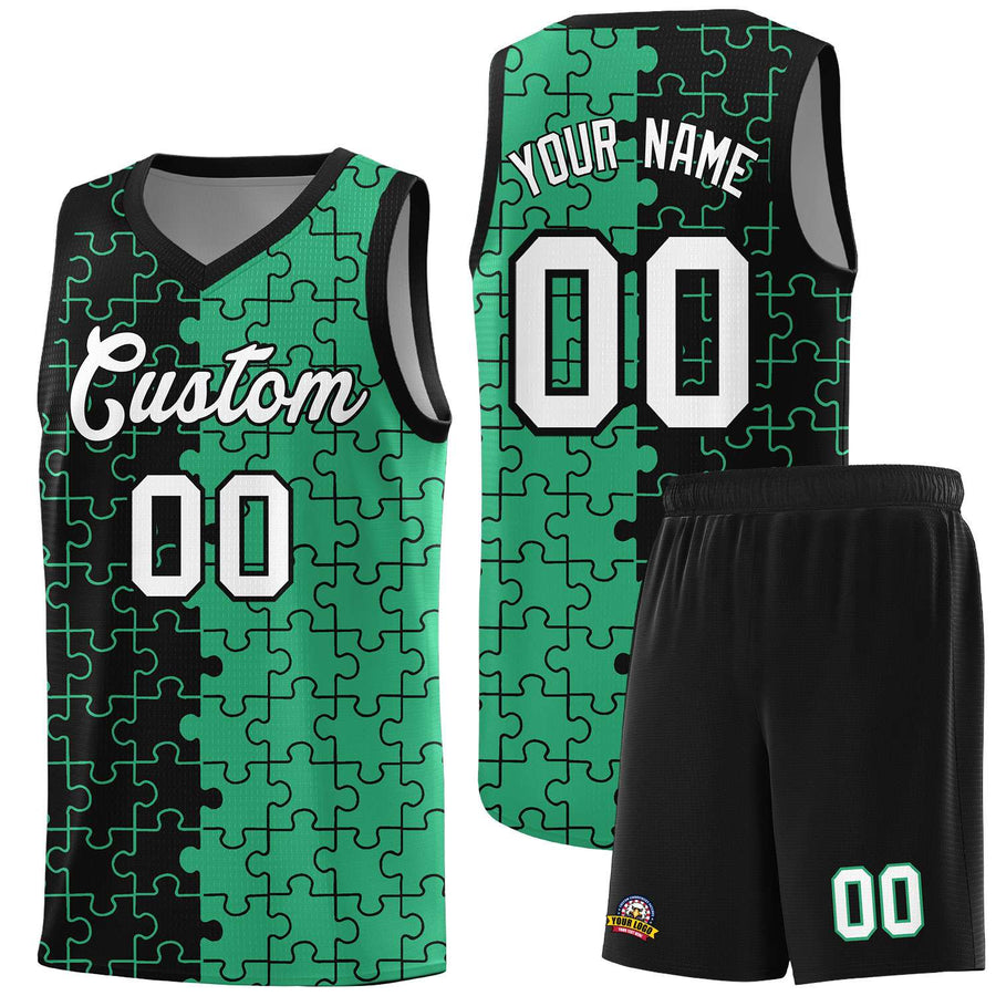 Custom Black Green Splid Basketball Kits With Puzzle Pattern | BuyFootballJersey