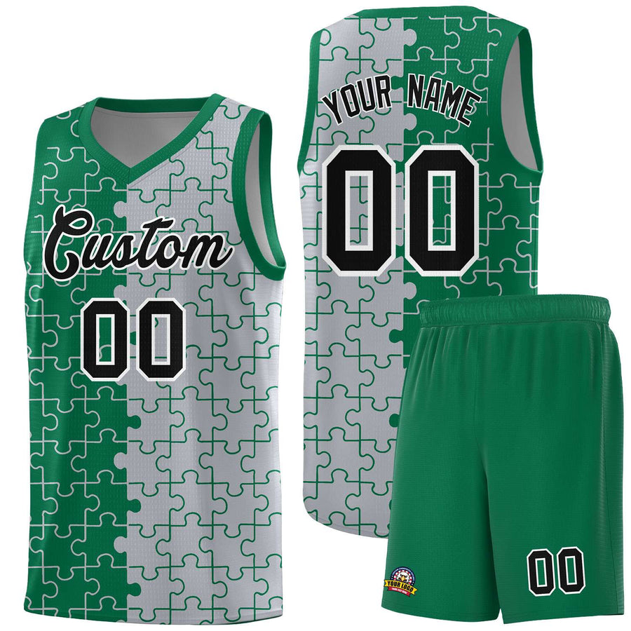 Custom Kelly Green Gray Splid Basketball Kits With Puzzle Pattern | BuyFootballJersey