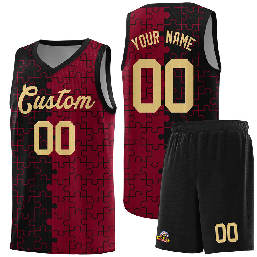 Custom Black Crimson Splid Basketball Kits With Puzzle Pattern | BuyFootballJersey