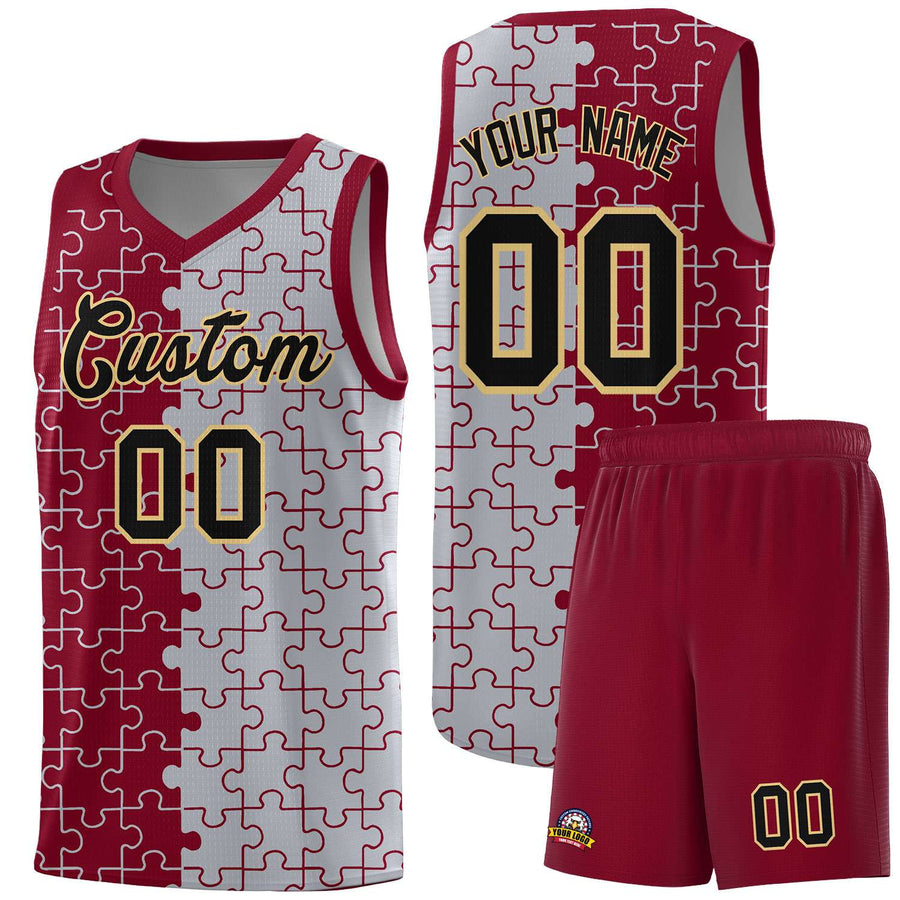 Custom Crimson Gray Splid Basketball Kits With Puzzle Pattern | BuyFootballJersey