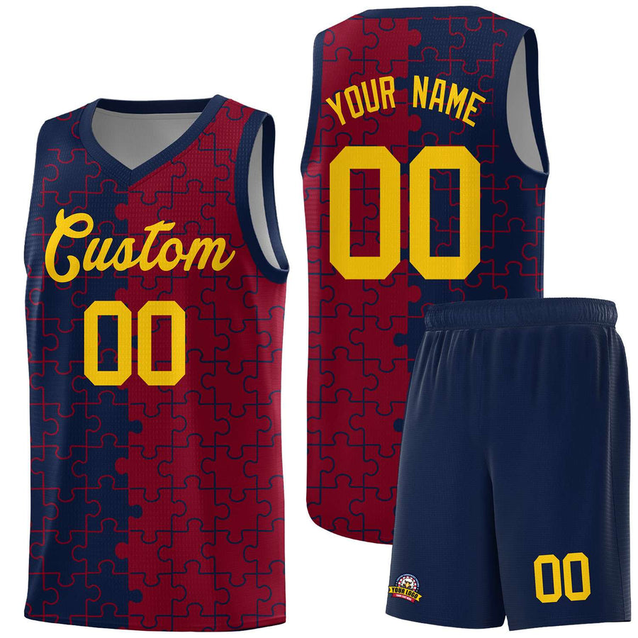 Custom Navy Crimson Splid Basketball Kits With Puzzle Pattern | BuyFootballJersey