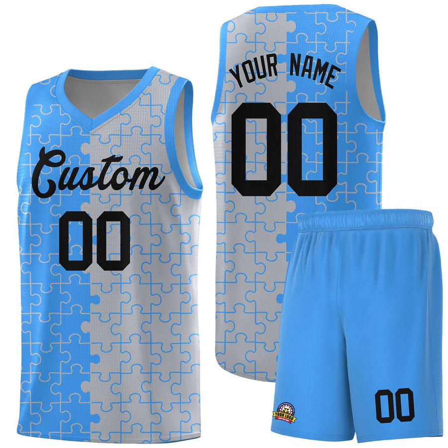 Custom Light Blue Gray Splid Basketball Kits With Puzzle Pattern | BuyFootballJersey
