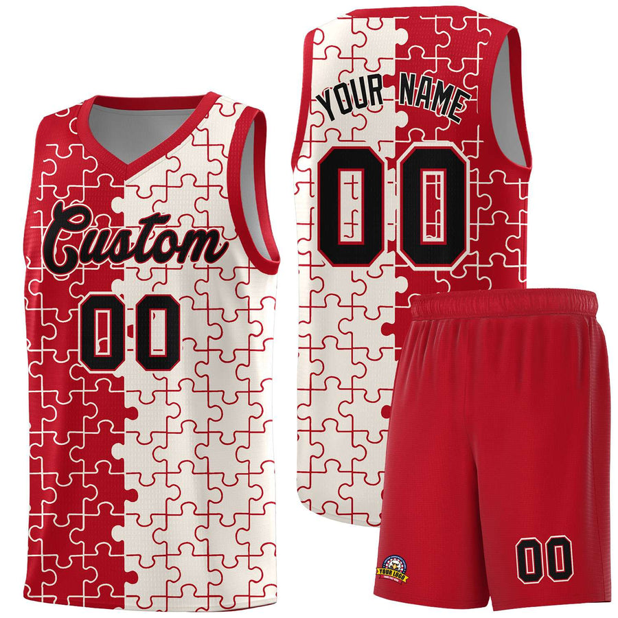 Custom Red Cream Splid Basketball Kits With Puzzle Pattern | BuyFootballJersey