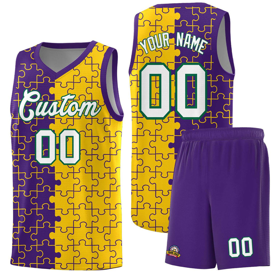 Custom Purple Gold Splid Basketball Kits With Puzzle Pattern | BuyFootballJersey