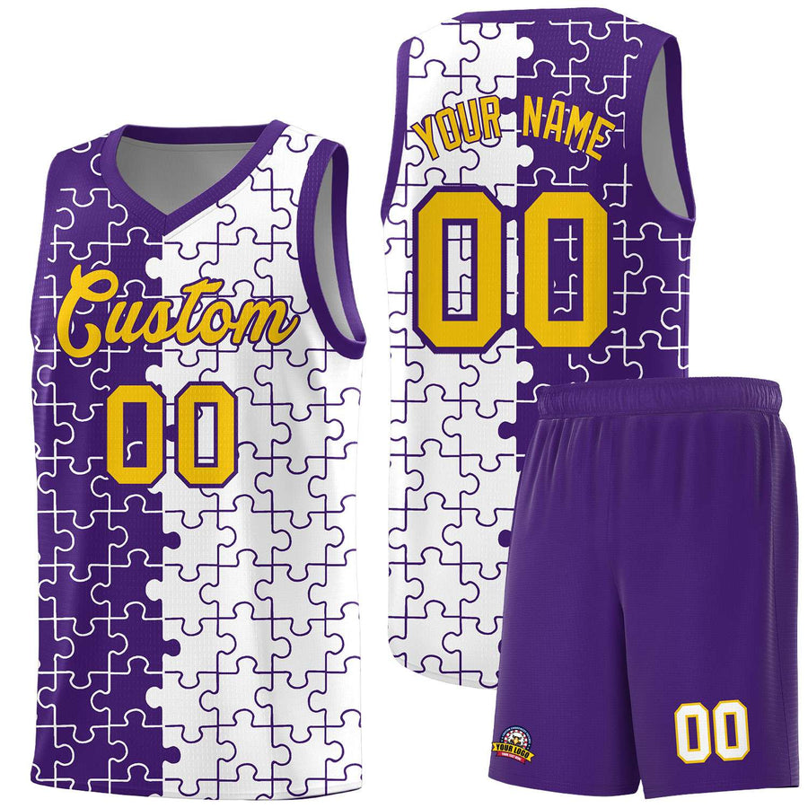 Custom Purple White Splid Basketball Kits With Puzzle Pattern | BuyFootballJersey
