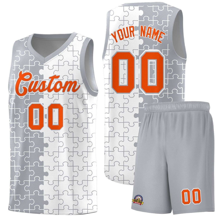 Custom Gray White Splid Basketball Kits With Puzzle Pattern | BuyFootballJersey