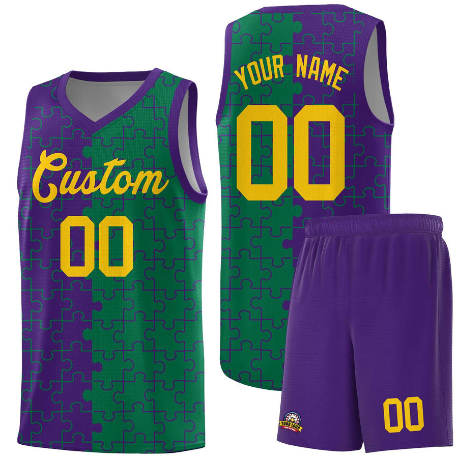 Custom Purple Kelly Green Splid Basketball Kits With Puzzle Pattern | BuyFootballJersey