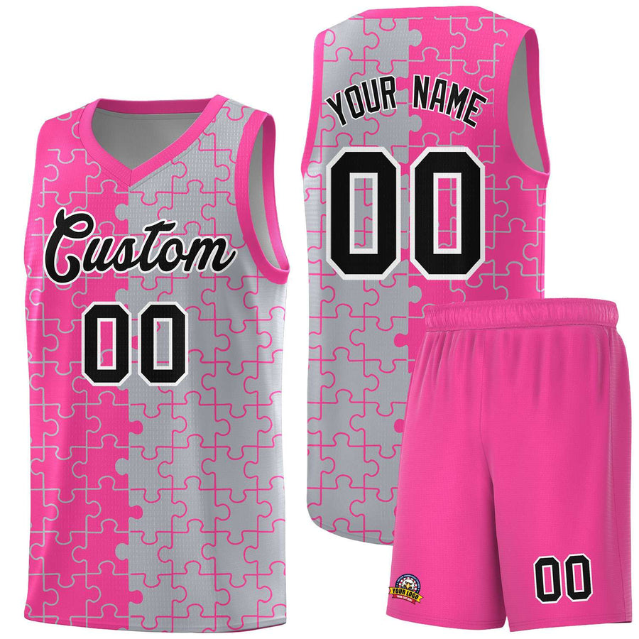Custom Pink Gray Splid Basketball Kits With Puzzle Pattern | BuyFootballJersey