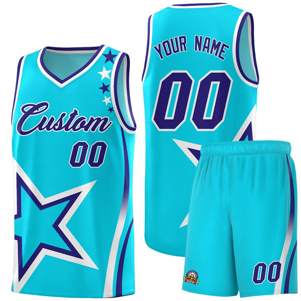 Custom Sky Blue Shoulder Stars Graffiti Pattern Sets Basketball Jersey | BuyFootballJersey