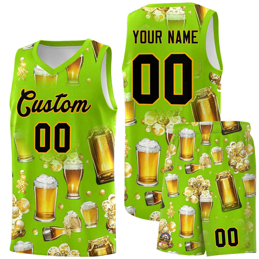 Custom Neon Green National Beer Day Personalized Beer Bubble Basketball Jersey | BuyFootballJersey