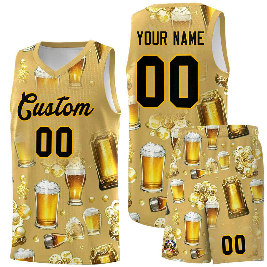 Custom Old Gold National Beer Day Personalized Beer Bubble Basketball Jersey | BuyFootballJersey