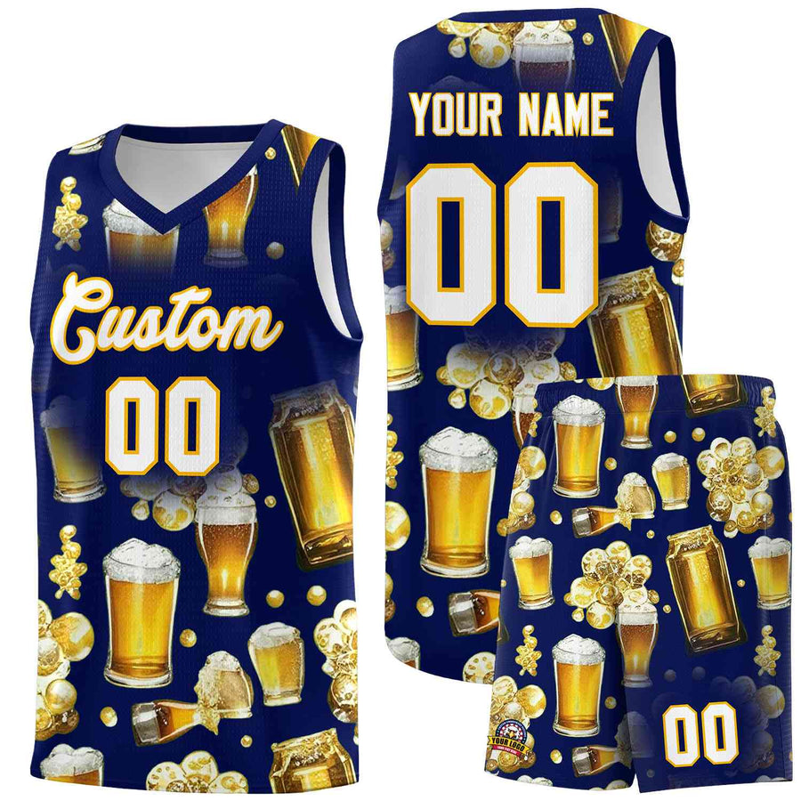 Custom Dark Blue National Beer Day Personalized Beer Bubble Basketball Jersey | BuyFootballJersey