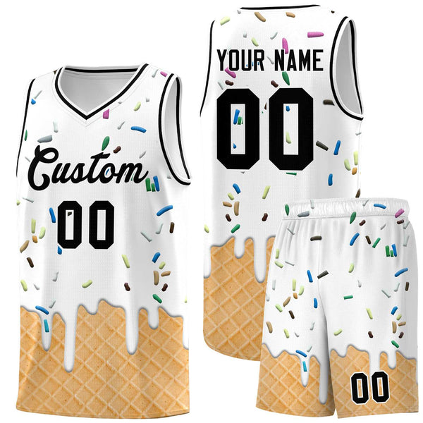 Custom White Basketball Kits with Ice Cream Element Pattern | BuyFootballJersey