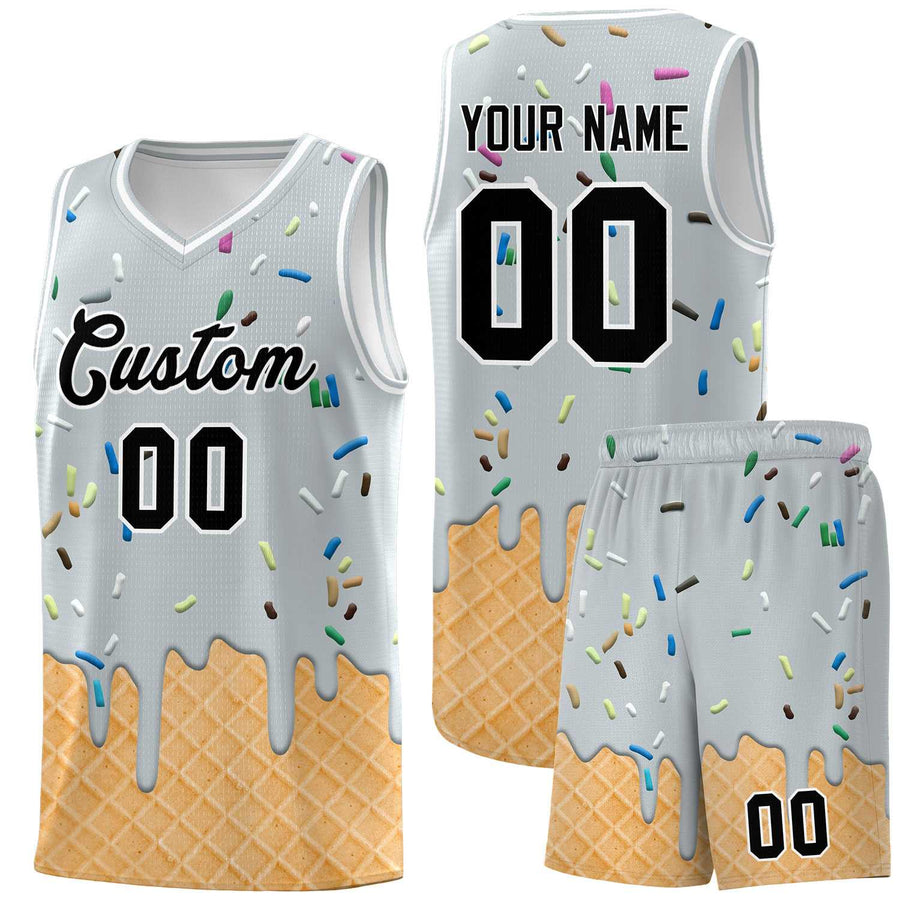Custom Silver Basketball Kits with Ice Cream Element Pattern | BuyFootballJersey