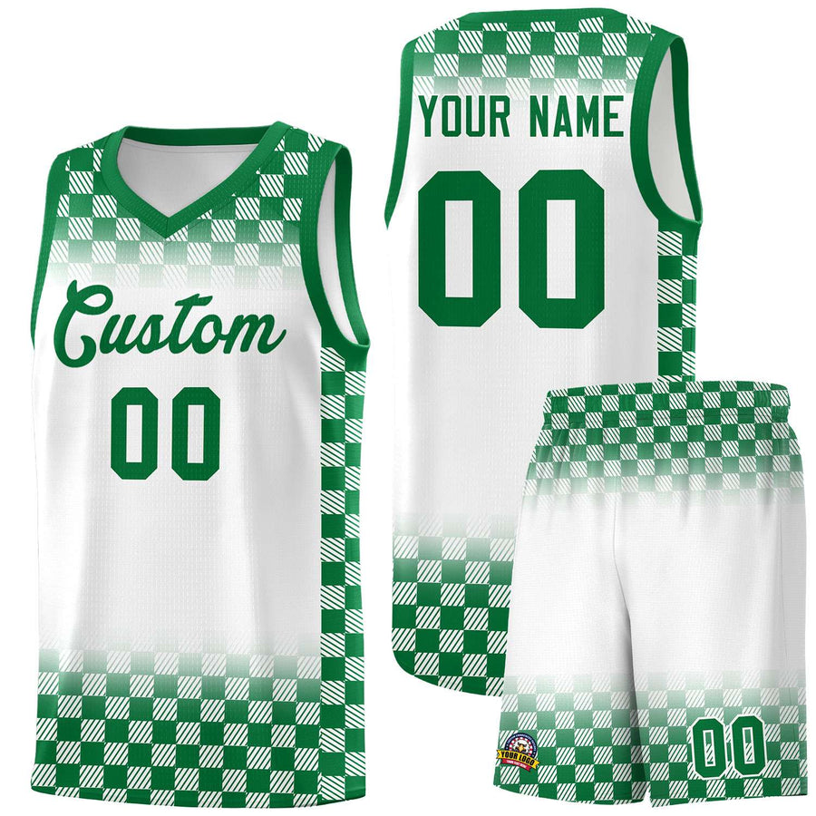 Custom White Kelly Green Classic Plaid Pattern Sports Uniform Basketball Jersey | BuyFootballJersey