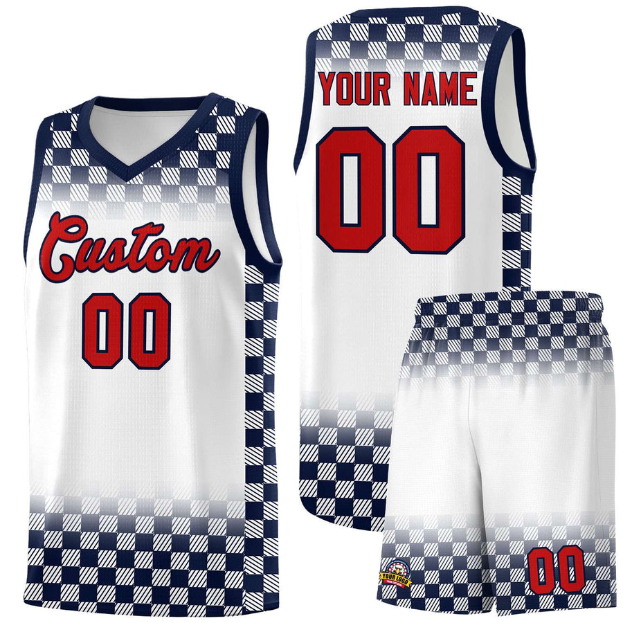 Custom White Navy Classic Plaid Pattern Sports Uniform Basketball Jersey | BuyFootballJersey