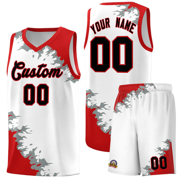 Custom White Red-Silver Gray Sparkle Print Pattern Basketball Kits | BuyFootballJersey