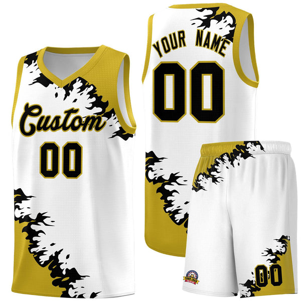 Custom White Old Gold-Black Sparkle Print Pattern Basketball Kits | BuyFootballJersey