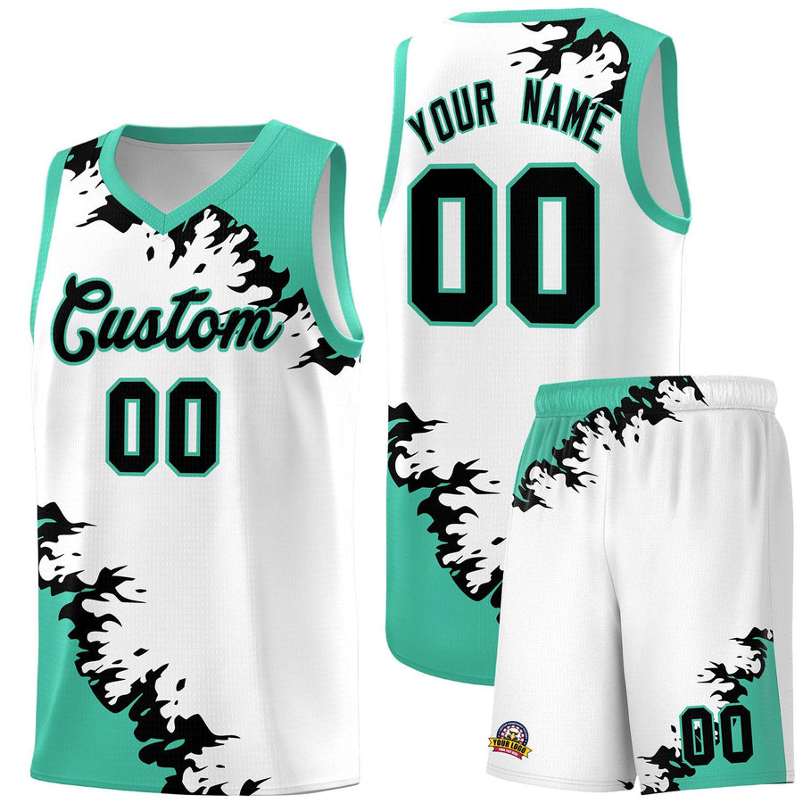 Custom White Black-Bright Green Sparkle Print Pattern Basketball Kits | BuyFootballJersey